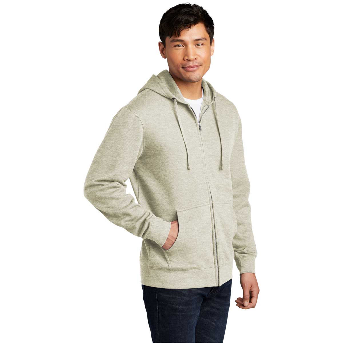 District Men's Stylish Oatmeal Heather V.I.T. Fleece Full-Zip Hoodie