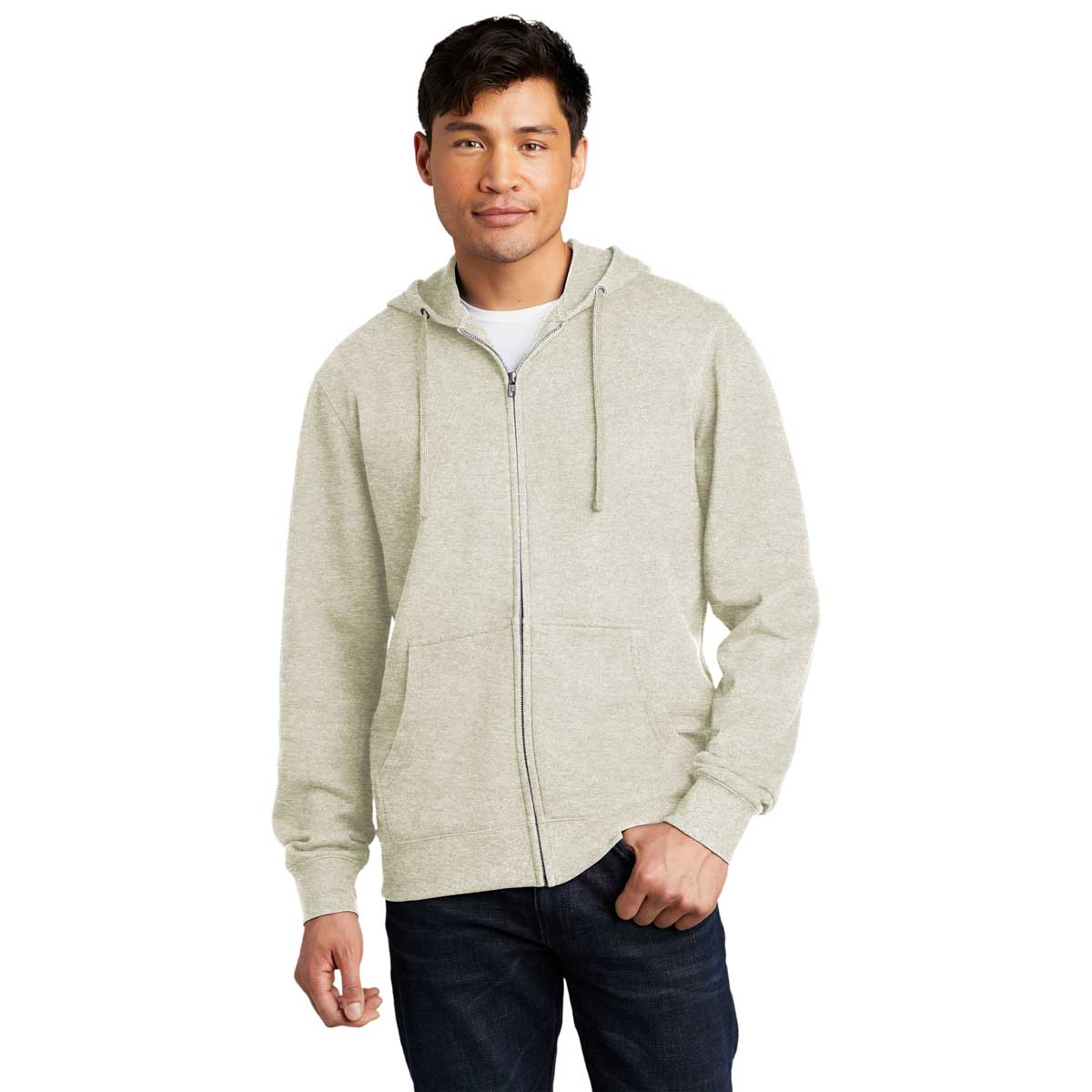 District Men's Stylish Oatmeal Heather V.I.T. Fleece Full-Zip Hoodie