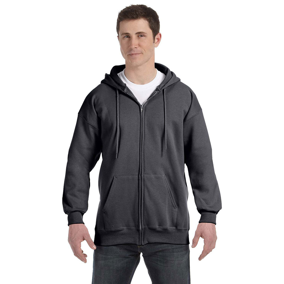 Hanes Men's Charcoal Heather 9.7 oz. Ultimate 90/10 Cotton Full-Zip Hoodie - A Must-Have!