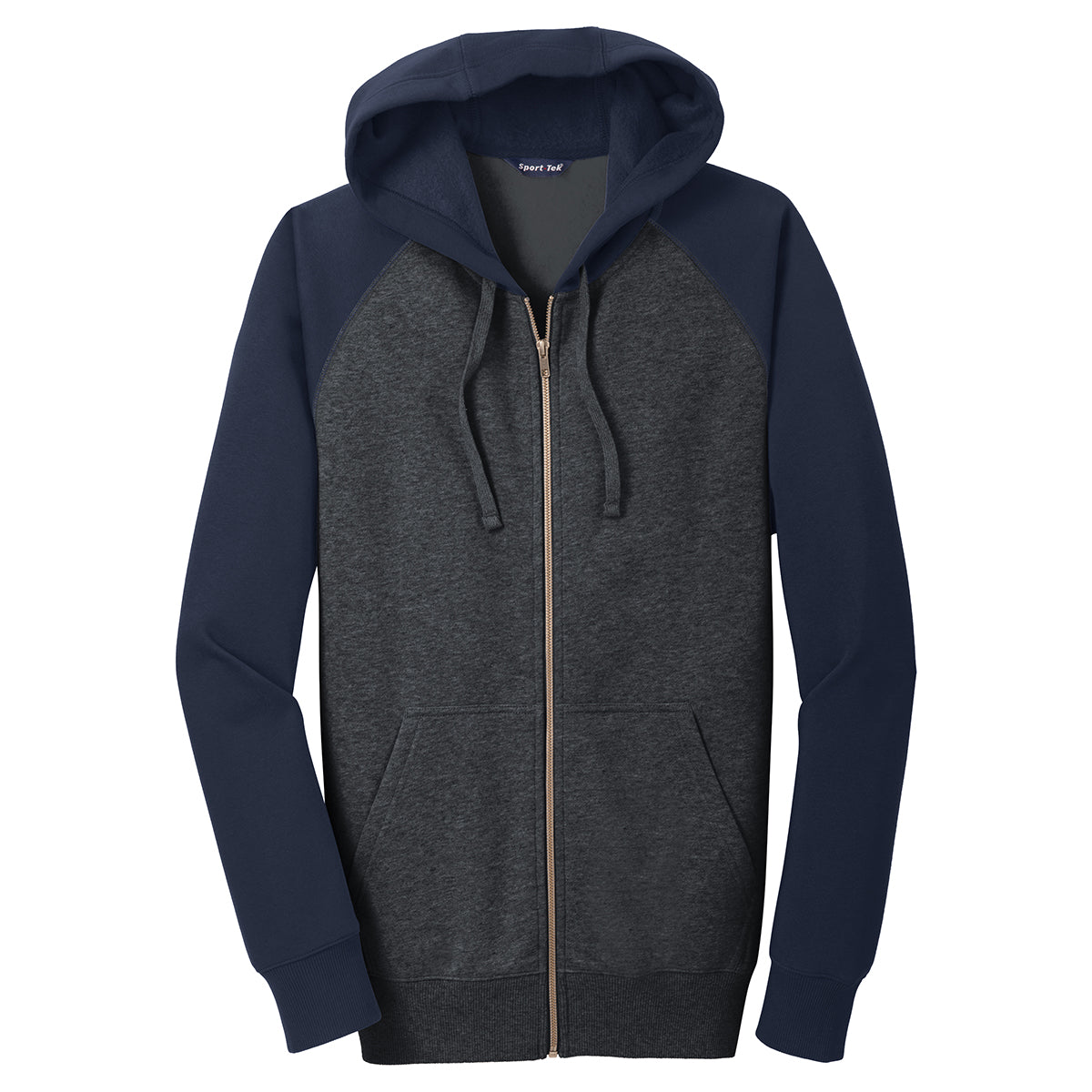 Sport-Tek Men's Stylish Graphite Heather/True Navy Raglan Colorblock Full-Zip Hooded Fleece Jacket