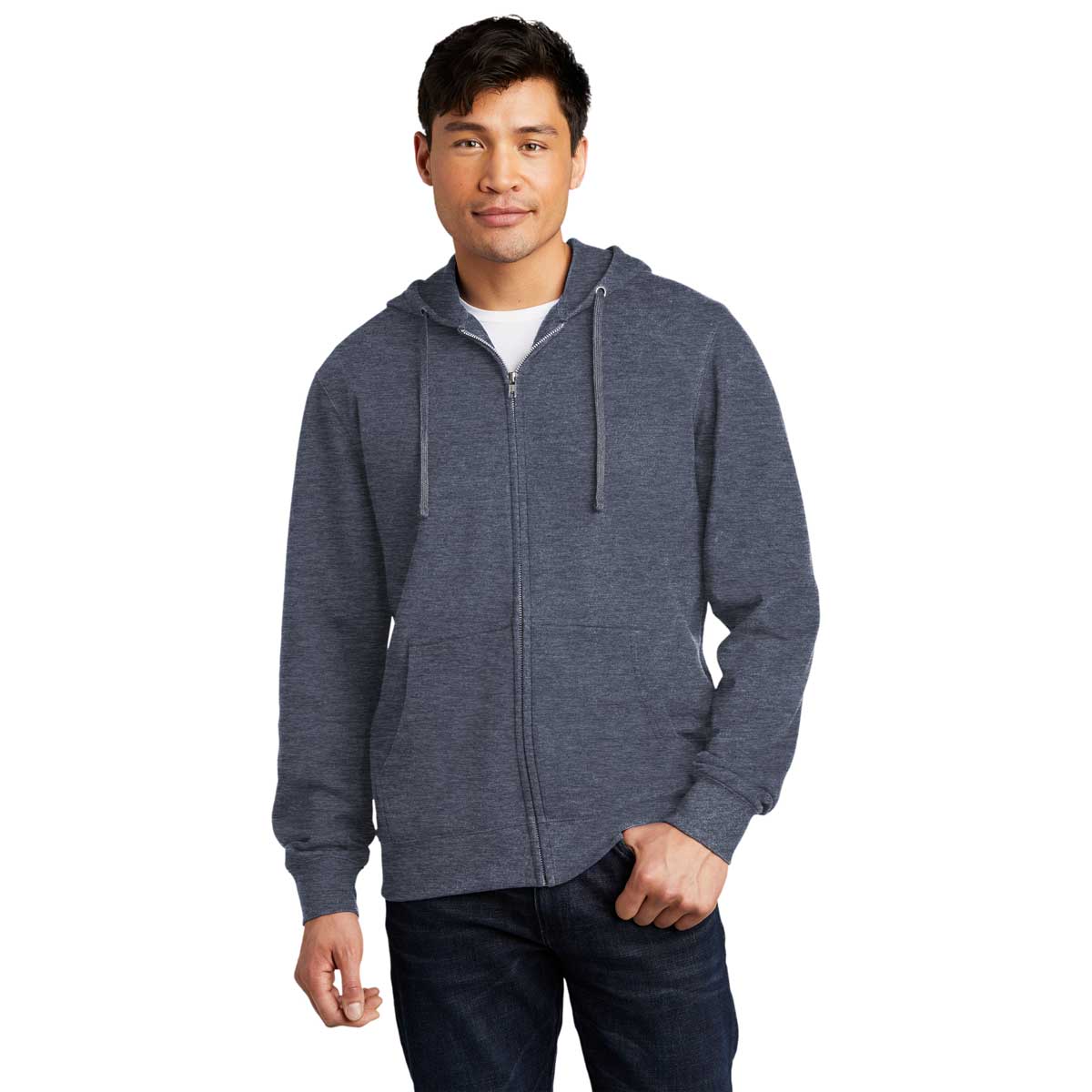 District Men's Stylish Heathered Navy V.I.T. Fleece Full-Zip Hoodie