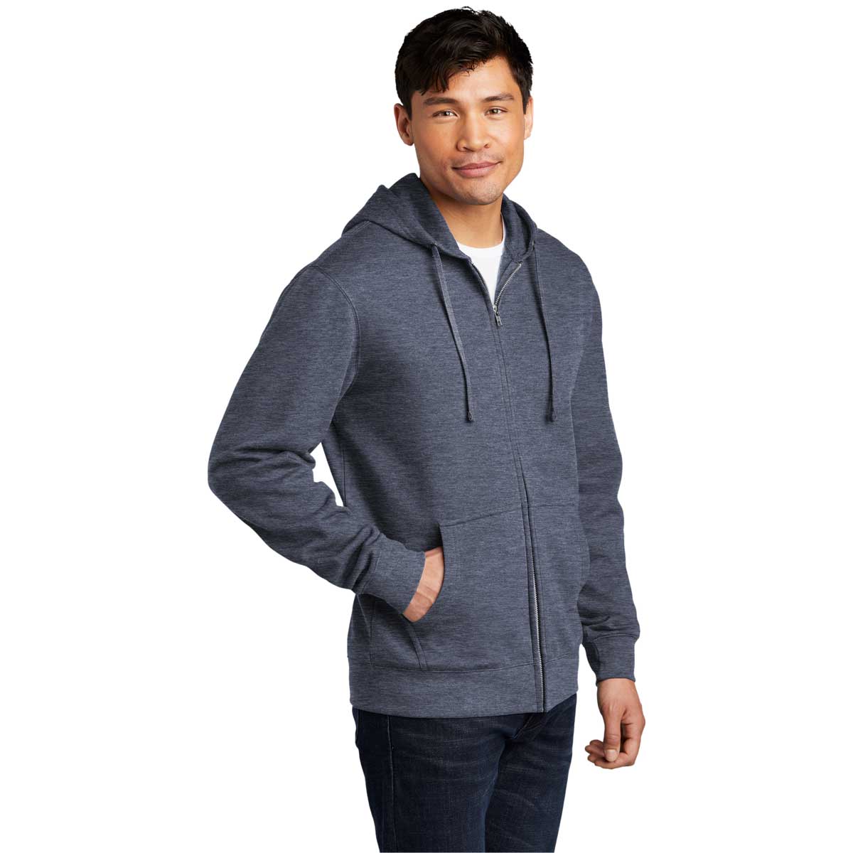 District Men's Stylish Heathered Navy V.I.T. Fleece Full-Zip Hoodie