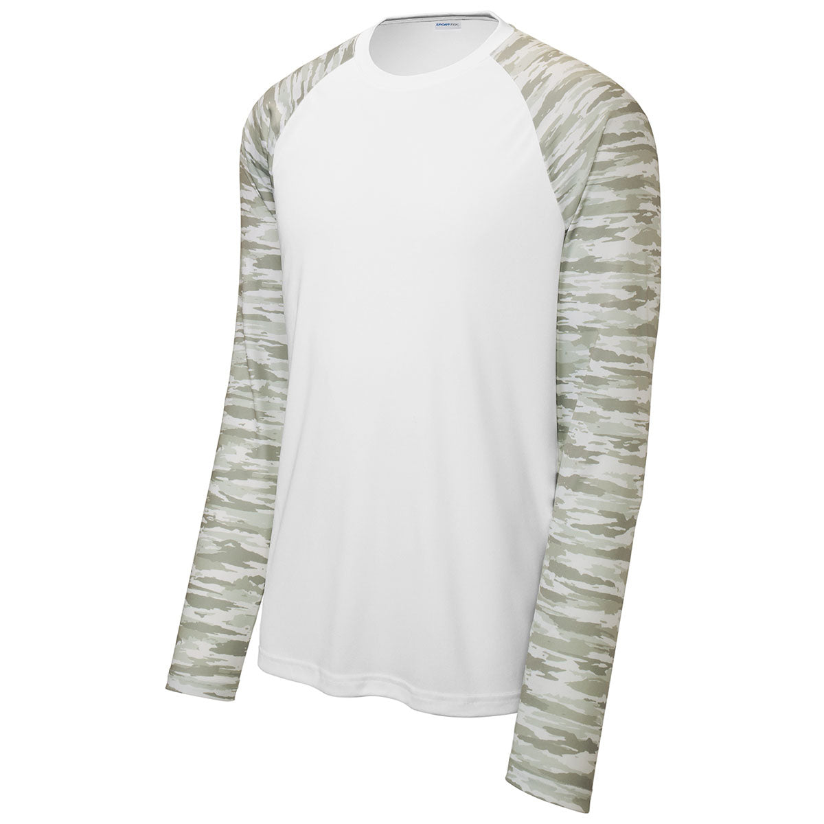 Sport-Tek Men's White Drift Camo Colorblock Long Sleeve Tee: Elevate Your Team!
