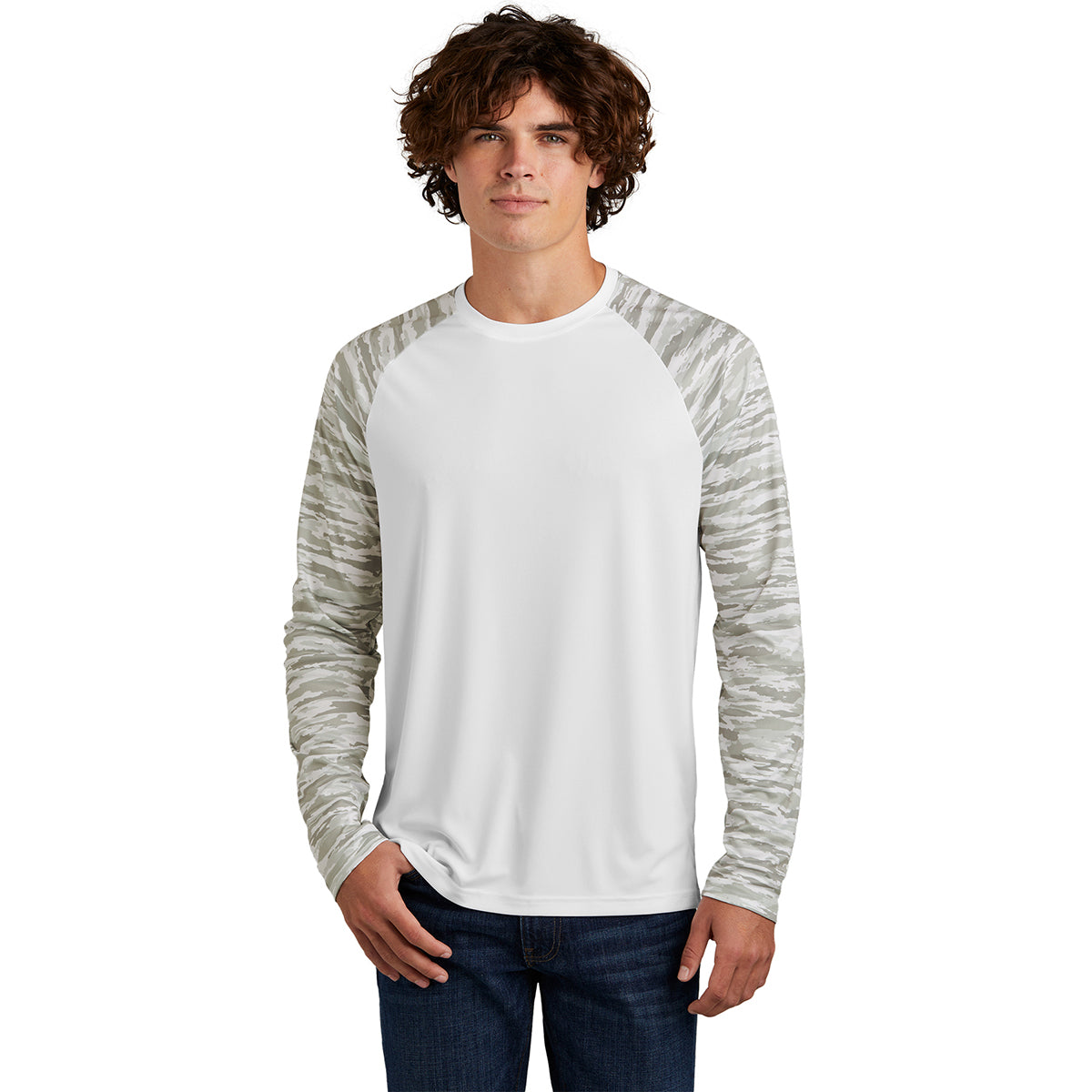 Sport-Tek Men's White Drift Camo Colorblock Long Sleeve Tee: Elevate Your Team!