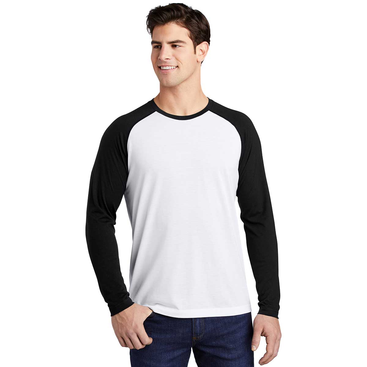 Sport-Tek Men's Black/White Triad Solid PosiCharge Long Sleeve Tri-Blend Wicking Raglan Tee - A Stylish Essential!