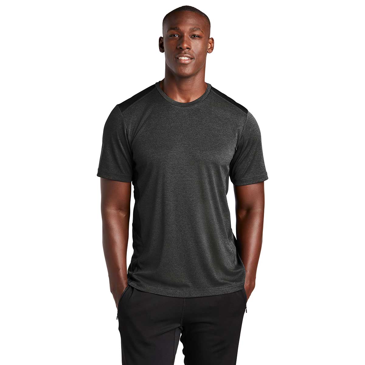 Sport-Tek Men's Black Heather/Black Endeavor Short Sleeve Tee - Stand Out in Style!
