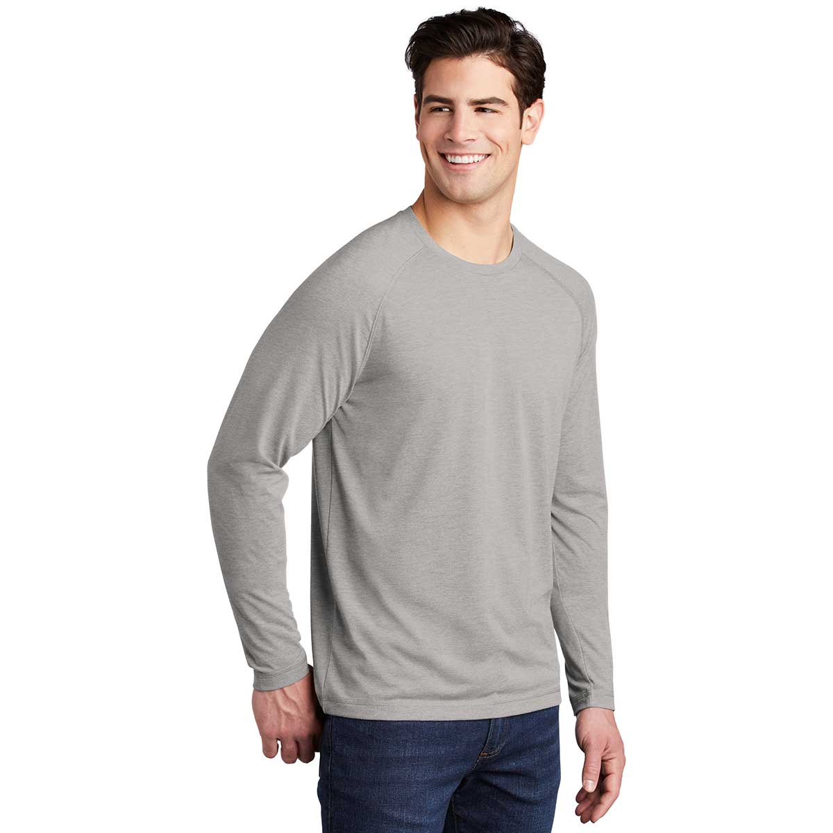 Sport-Tek Men's Light Grey Heather PosiCharge Long Sleeve Tri-Blend Wicking Raglan Tee - A Stylish Essential