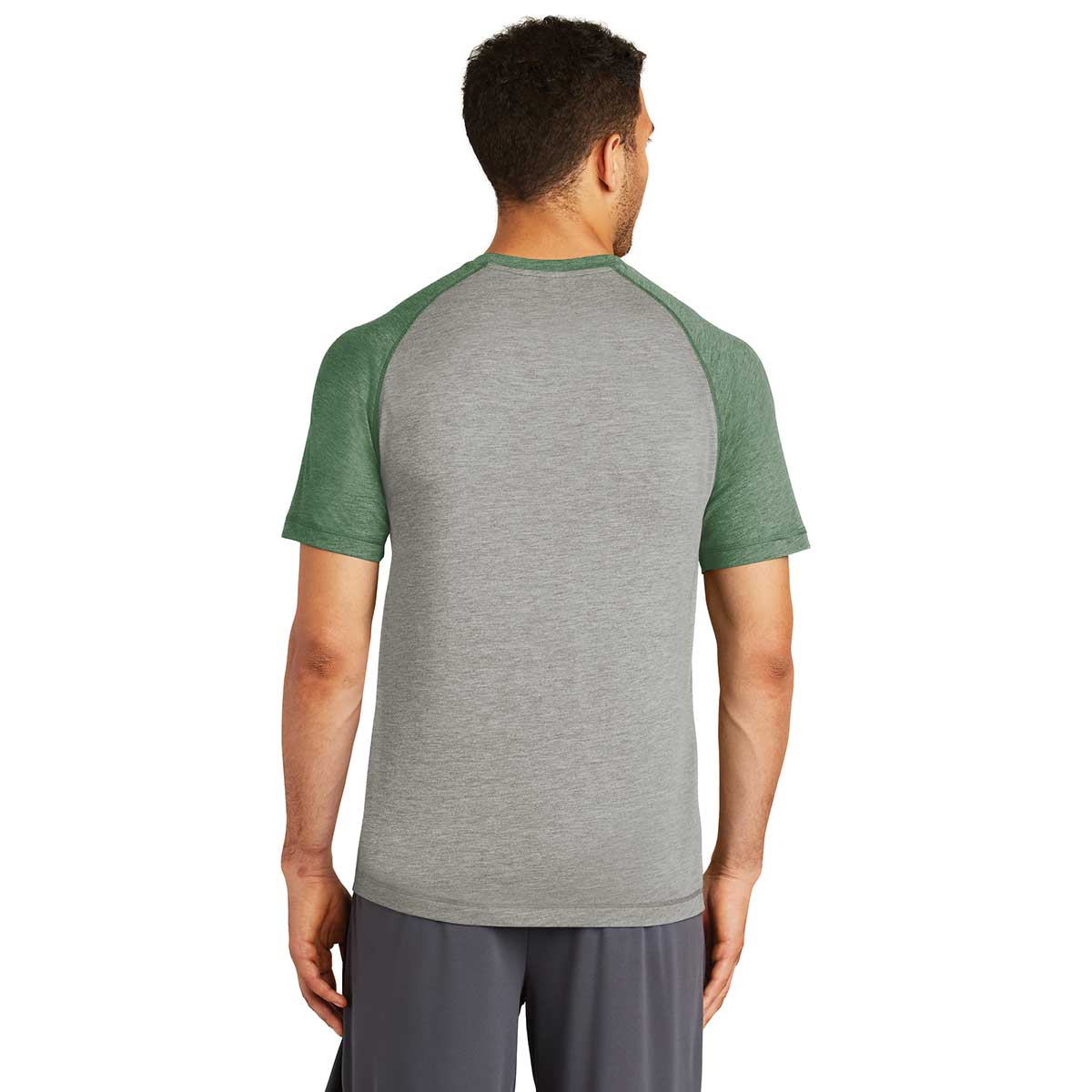 Sport-Tek Men's Stunning Forest Green Heather/Light Grey Heather PosiCharge Tri-Blend Wicking Raglan Tee - Grab Yours Now!