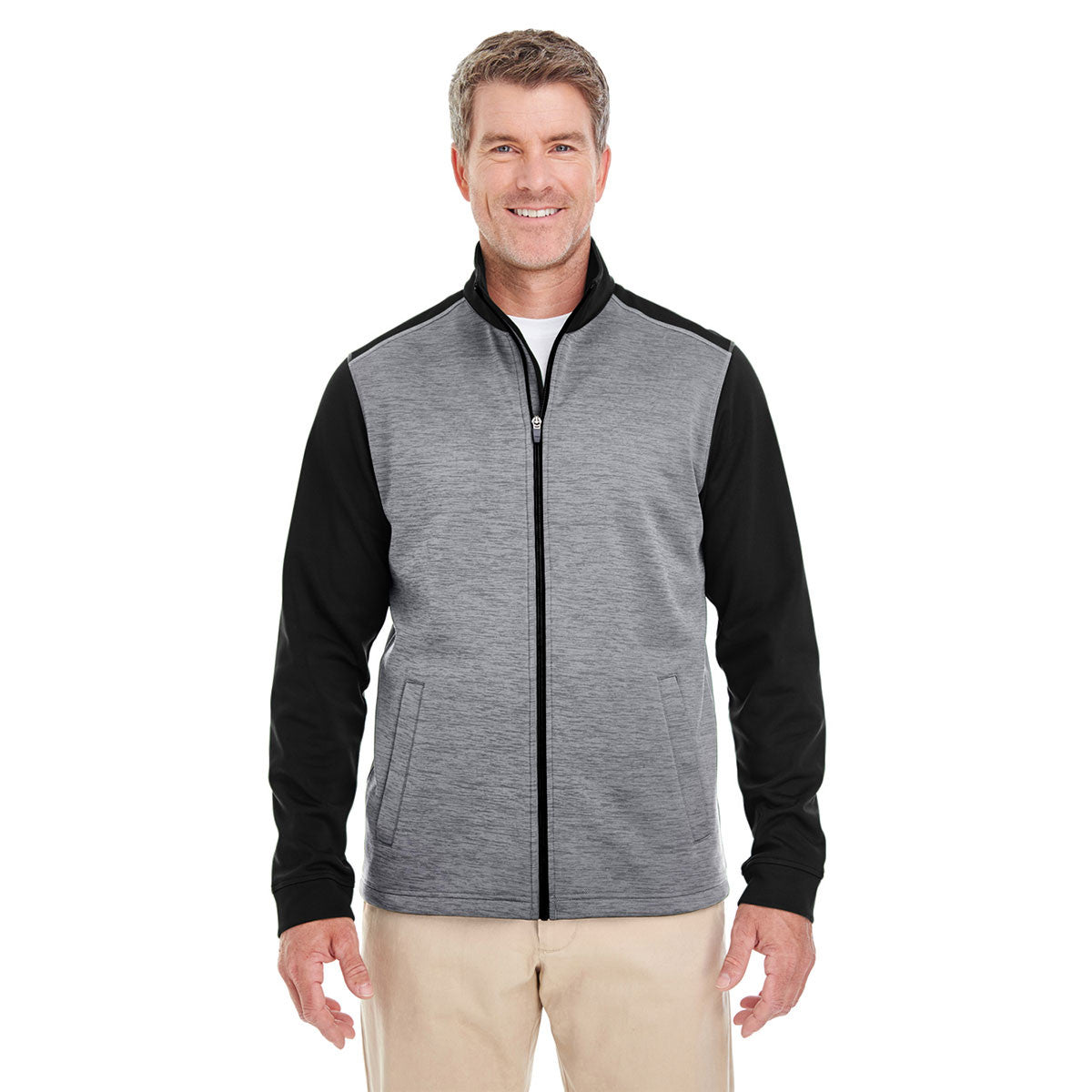 Devon & Jones Men's Stunning Black Heather/Dark Grey Heather Newbury Colorblock Melange Fleece Full-zip - A Must-Have!