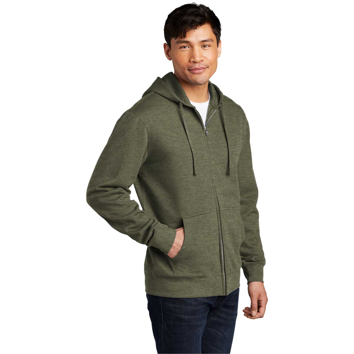 District Men's Olive Heathered V.I.T. Fleece Full-Zip Hoodie - A Must-Have!