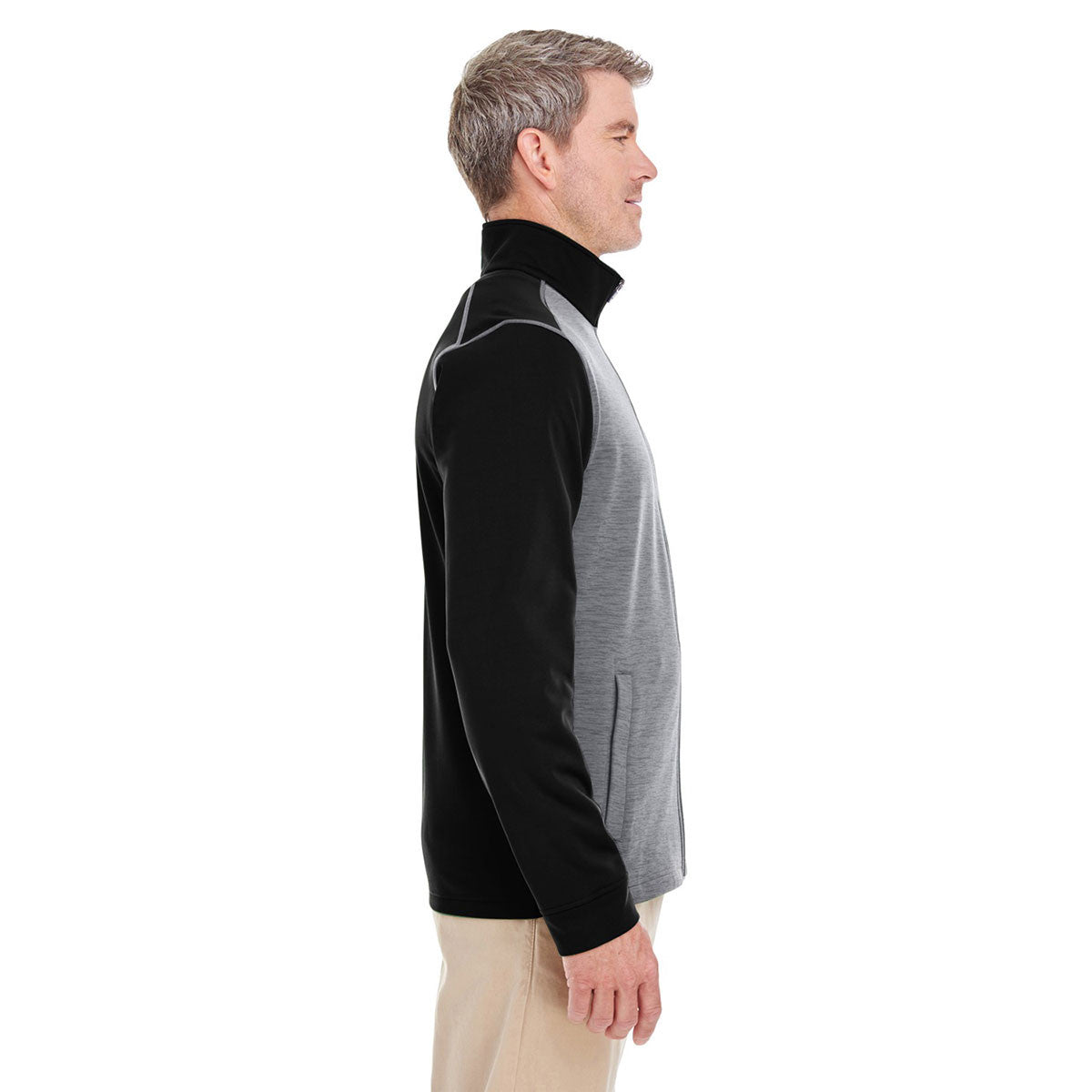 Devon & Jones Men's Stunning Black Heather/Dark Grey Heather Newbury Colorblock Melange Fleece Full-zip - A Must-Have!