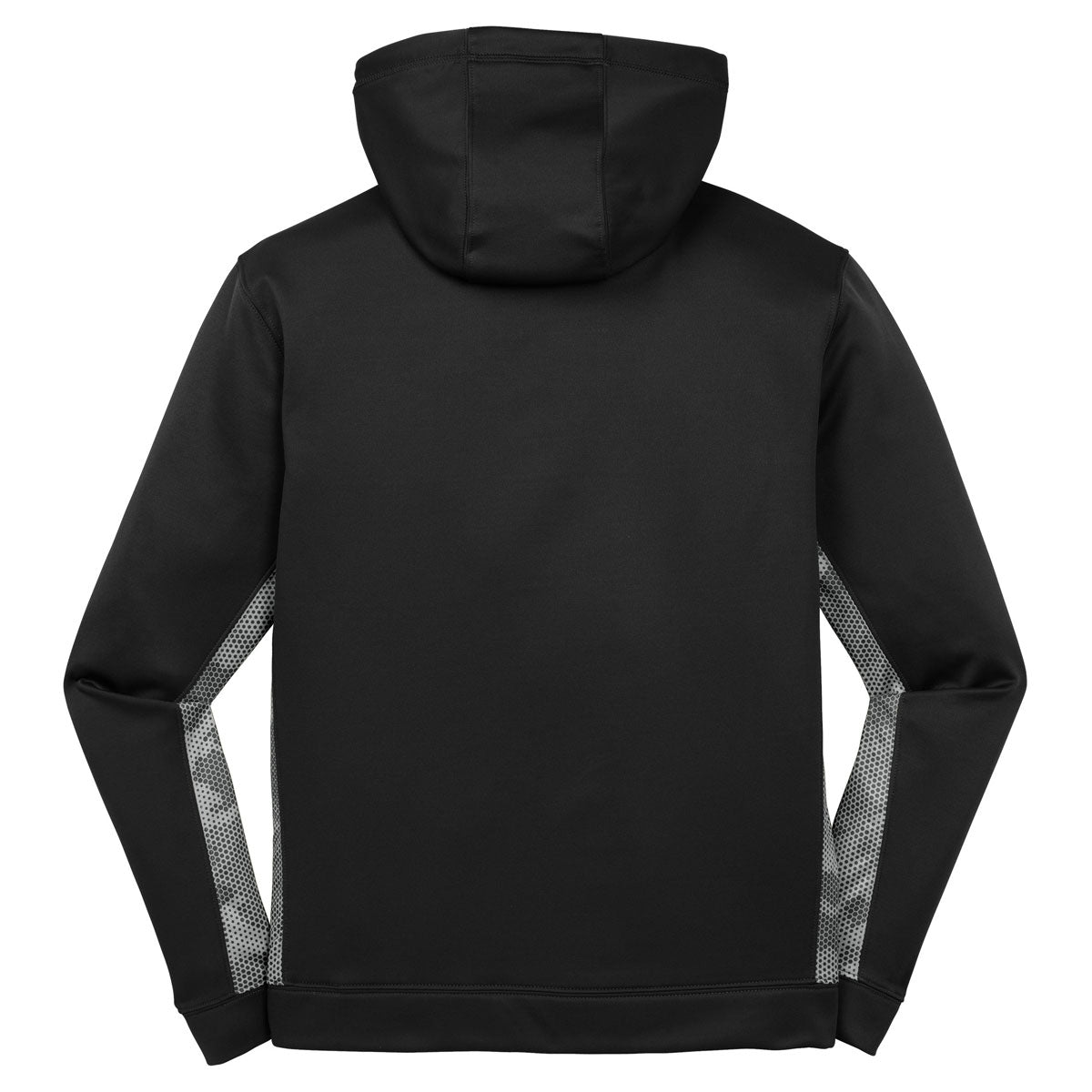 Sport-Tek Men's Black/Dark Smoke Grey CamoHex Fleece Colorblock Hoodie - Ideal for Tough Weather