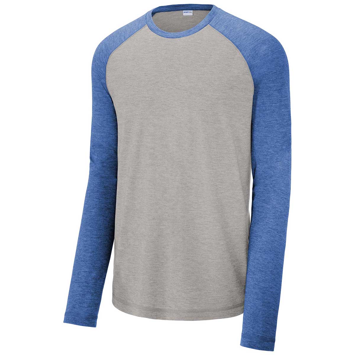 Sport-Tek Men's Stunning True Royal Heather/Light Grey Heather PosiCharge Long Sleeve Tri-Blend Wicking Raglan Tee