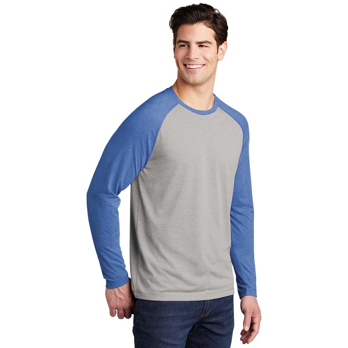 Sport-Tek Men's Stunning True Royal Heather/Light Grey Heather PosiCharge Long Sleeve Tri-Blend Wicking Raglan Tee