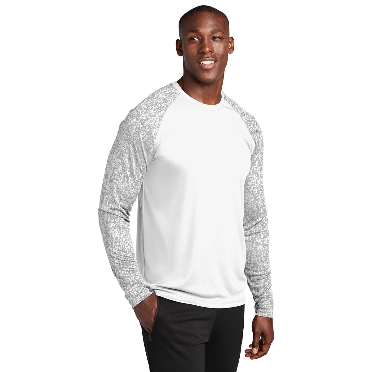 Sport-Tek Men's Stunning White PosiCharge Digi Camo Long Sleeve Tee