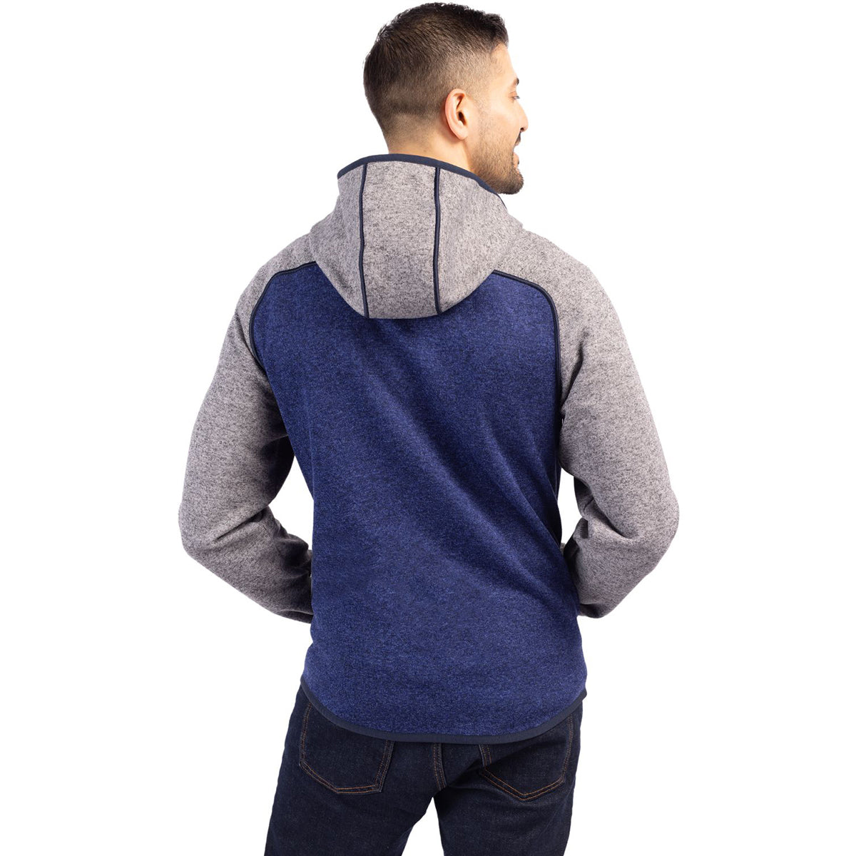 Cutter & Buck Men's Tour Blue Heather/Polished Heather Mainsail Full Zip Hooded Jacket - A Fashionable Warmth Essential