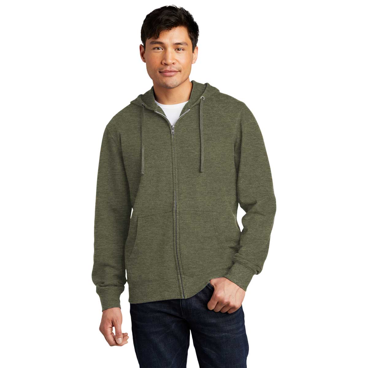 District Men's Olive Heathered V.I.T. Fleece Full-Zip Hoodie - A Must-Have!
