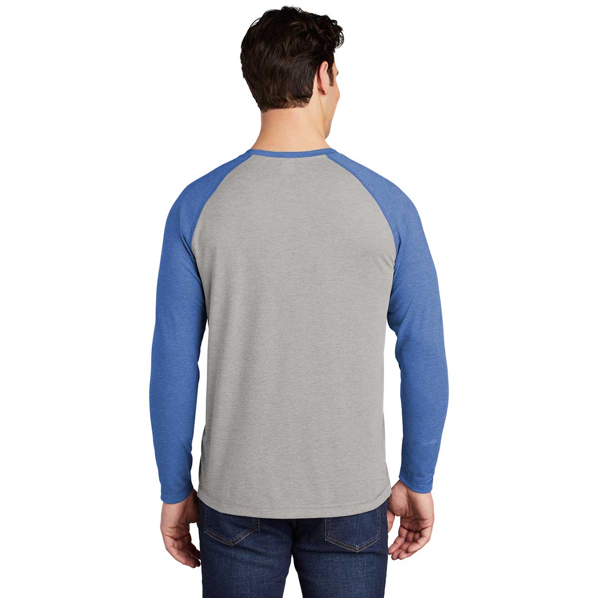 Sport-Tek Men's Stunning True Royal Heather/Light Grey Heather PosiCharge Long Sleeve Tri-Blend Wicking Raglan Tee