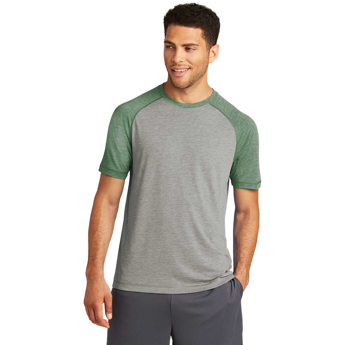Sport-Tek Men's Stunning Forest Green Heather/Light Grey Heather PosiCharge Tri-Blend Wicking Raglan Tee - Grab Yours Now!