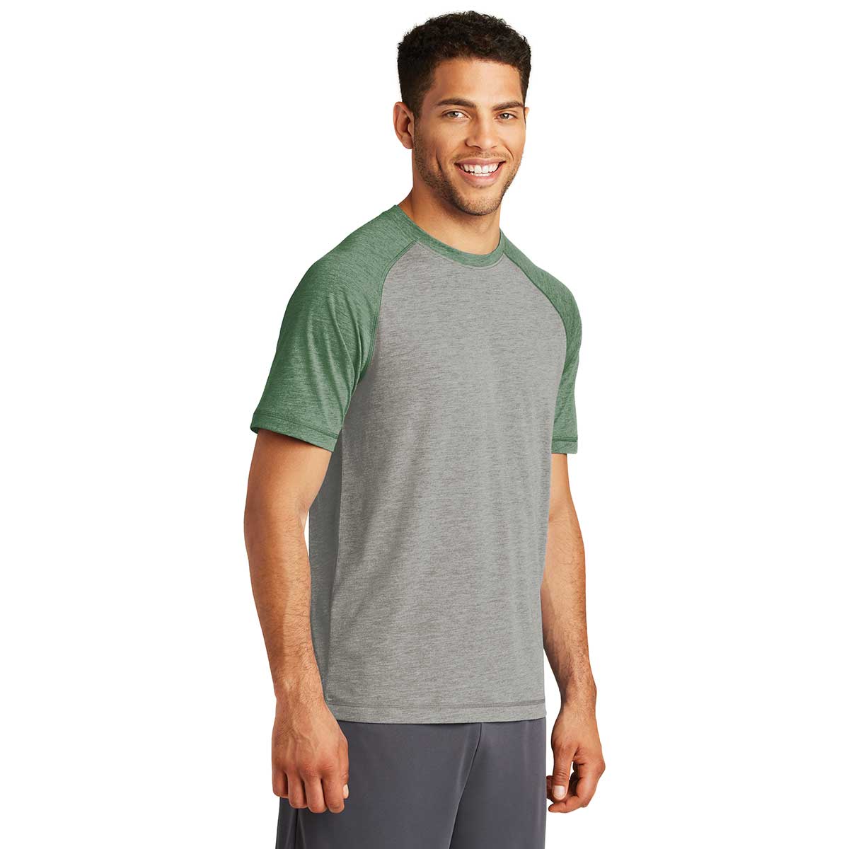 Sport-Tek Men's Stunning Forest Green Heather/Light Grey Heather PosiCharge Tri-Blend Wicking Raglan Tee - Grab Yours Now!