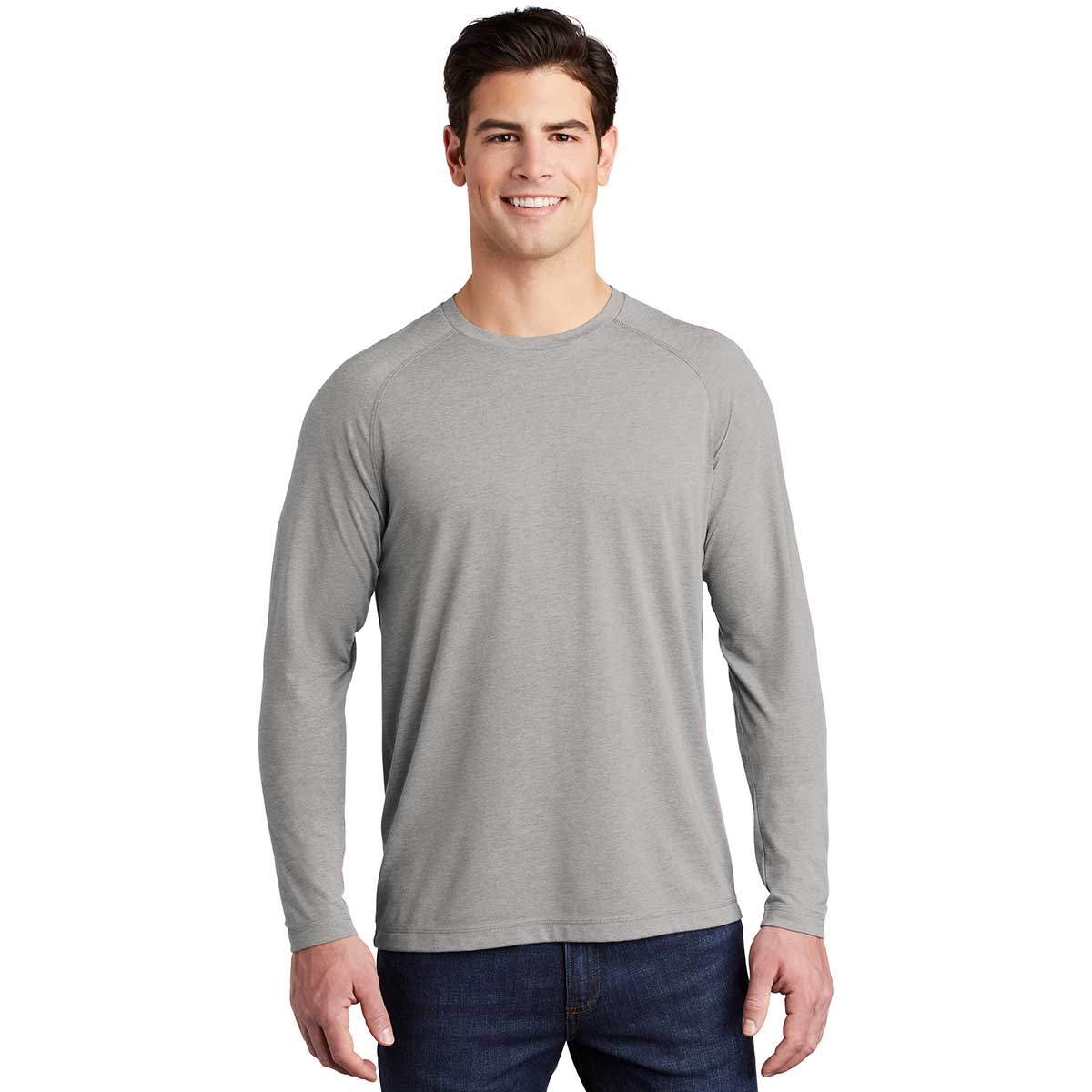 Sport-Tek Men's Light Grey Heather PosiCharge Long Sleeve Tri-Blend Wicking Raglan Tee - A Stylish Essential