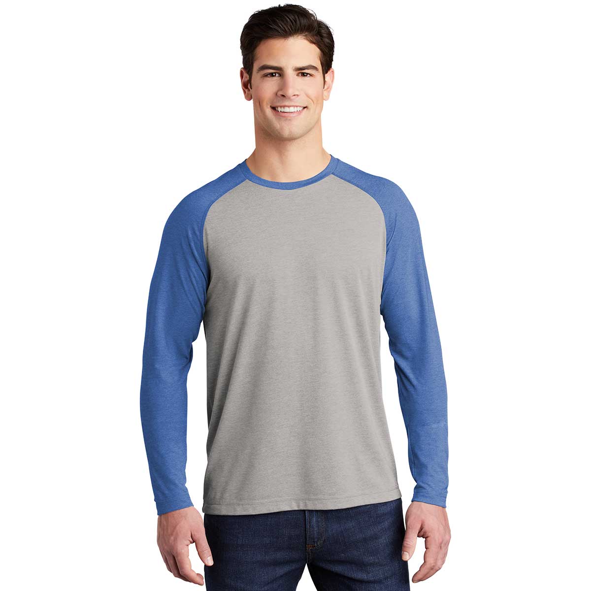 Sport-Tek Men's Stunning True Royal Heather/Light Grey Heather PosiCharge Long Sleeve Tri-Blend Wicking Raglan Tee