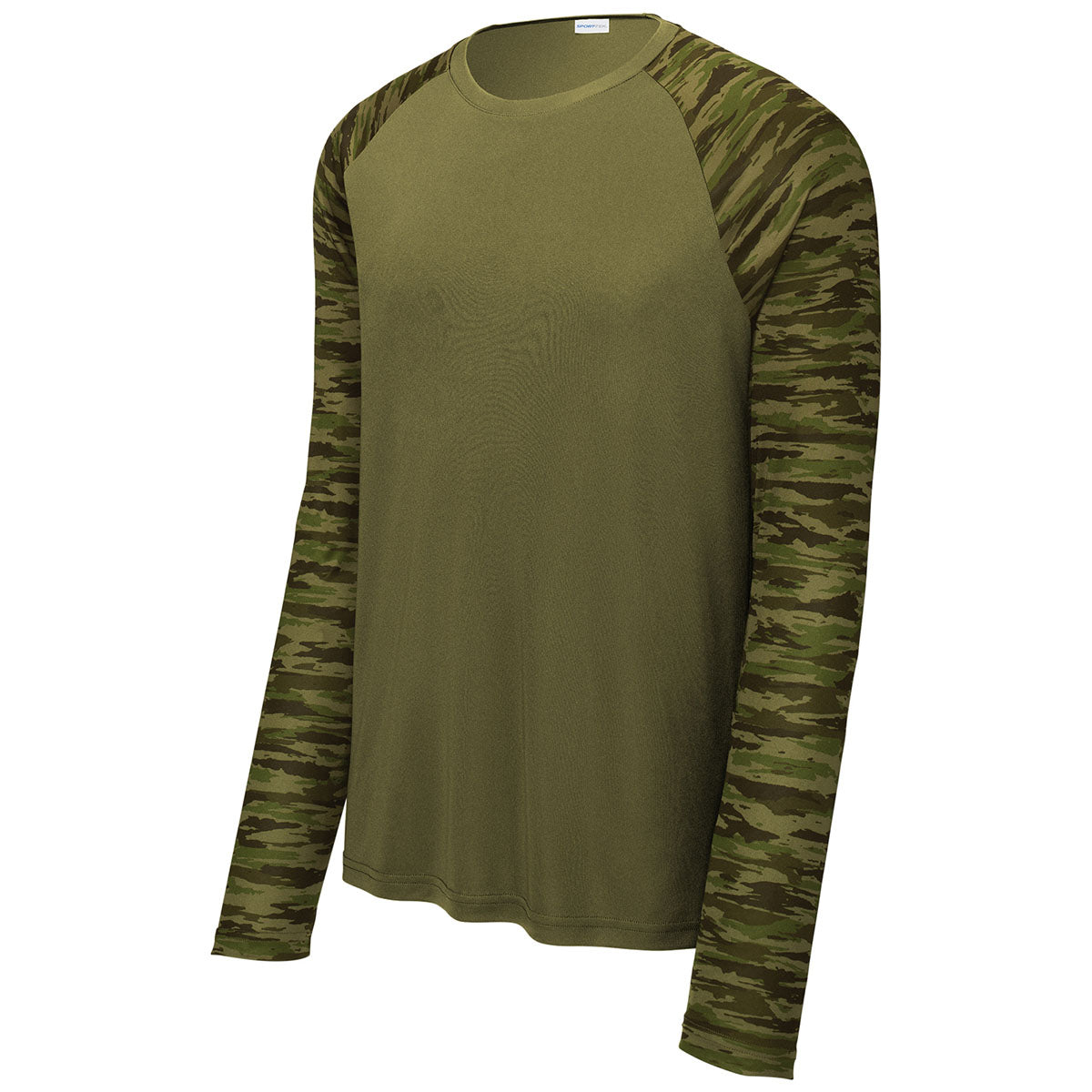 Sport-Tek Men's Olive Drab Green Drift Camo Long Sleeve Colorblock Tee - Stand Out in Style!