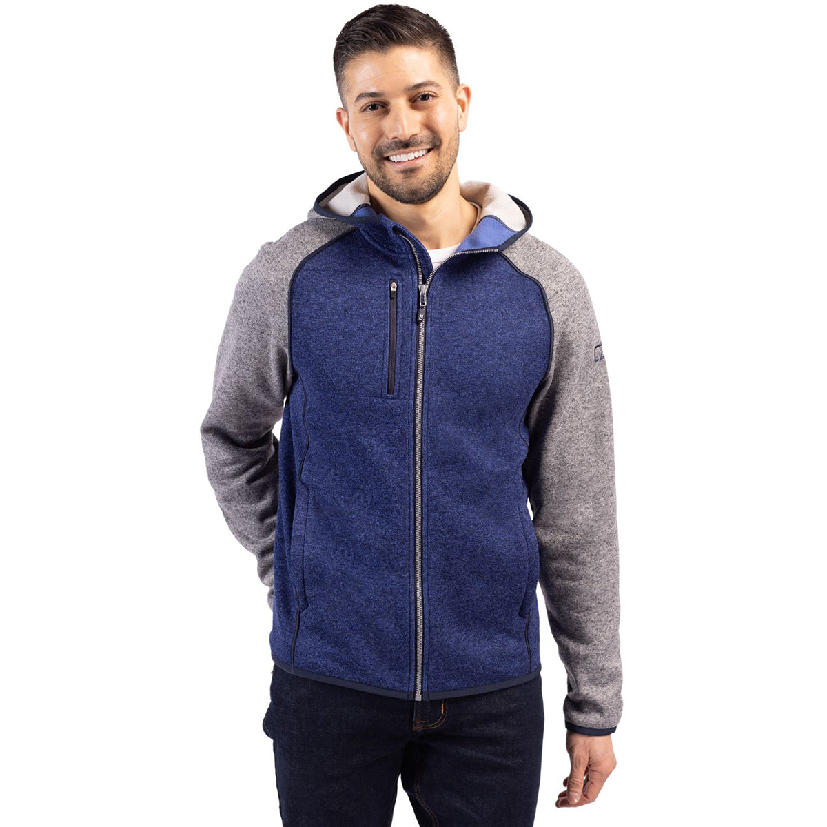 Cutter & Buck Men's Tour Blue Heather/Polished Heather Mainsail Full Zip Hooded Jacket - A Fashionable Warmth Essential
