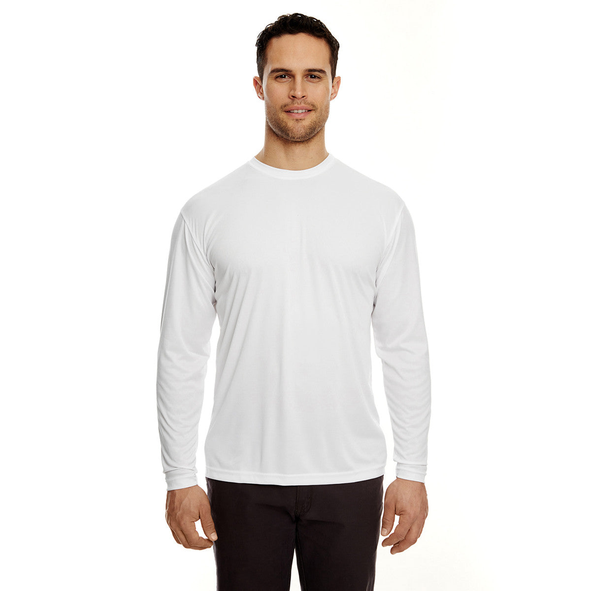 UltraClub Men's White Cool & Dry Performance Long-Sleeve Sport T-Shirt