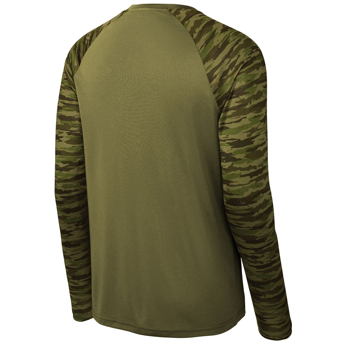 Sport-Tek Men's Olive Drab Green Drift Camo Long Sleeve Colorblock Tee - Stand Out in Style!