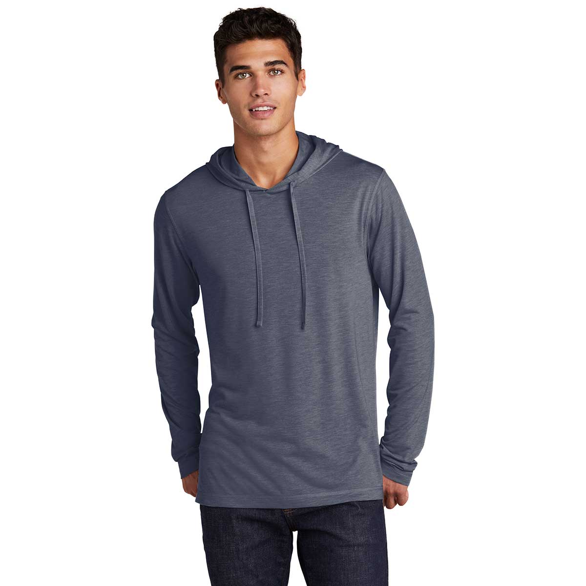 Sport-Tek Men's True Navy Heather Posicharge Tri-Blend Wicking Long Sleeve Hoodie - Your Ultimate Comfort Gear