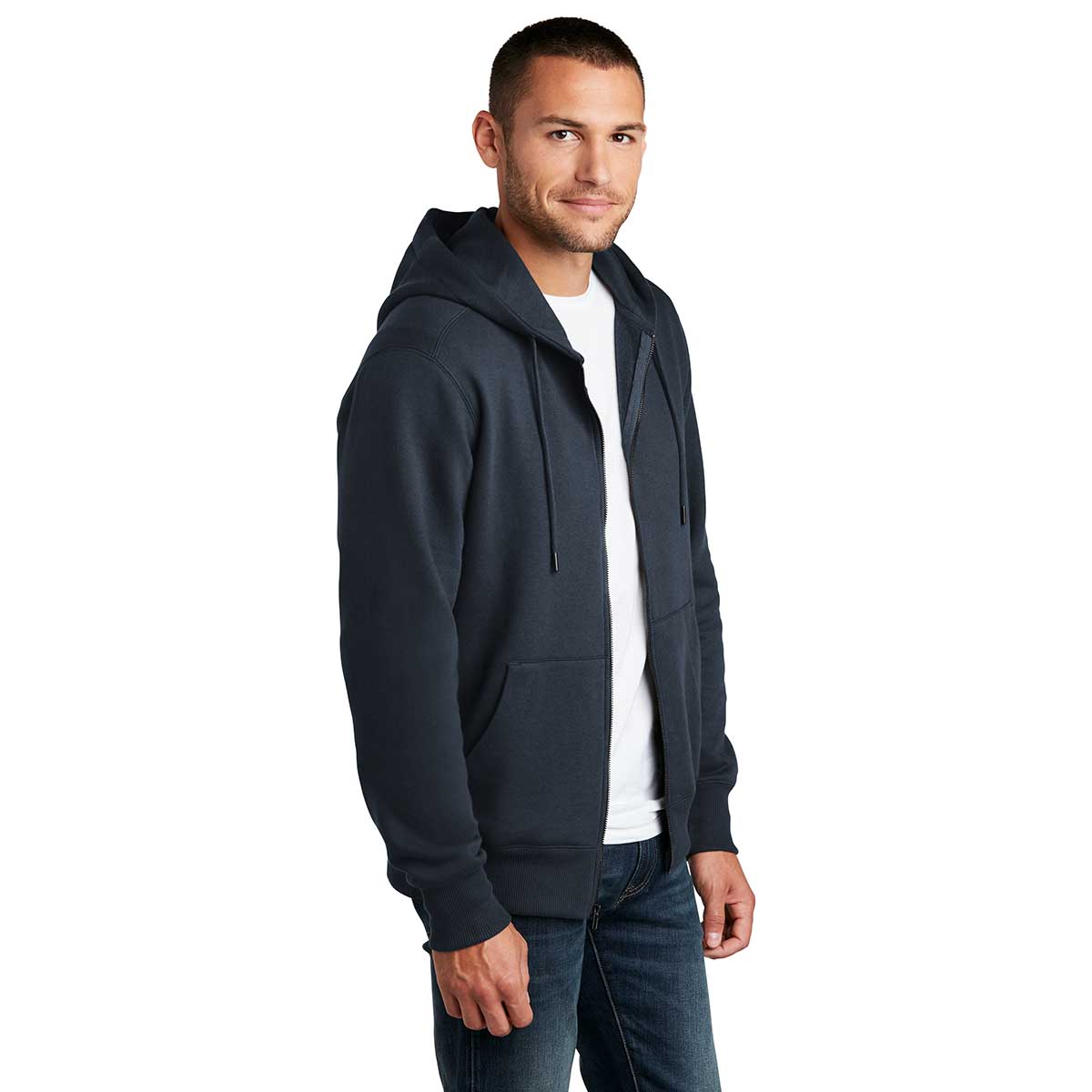 District Men's Stunning New Navy Perfect Weight Fleece Full-Zip Hoodie