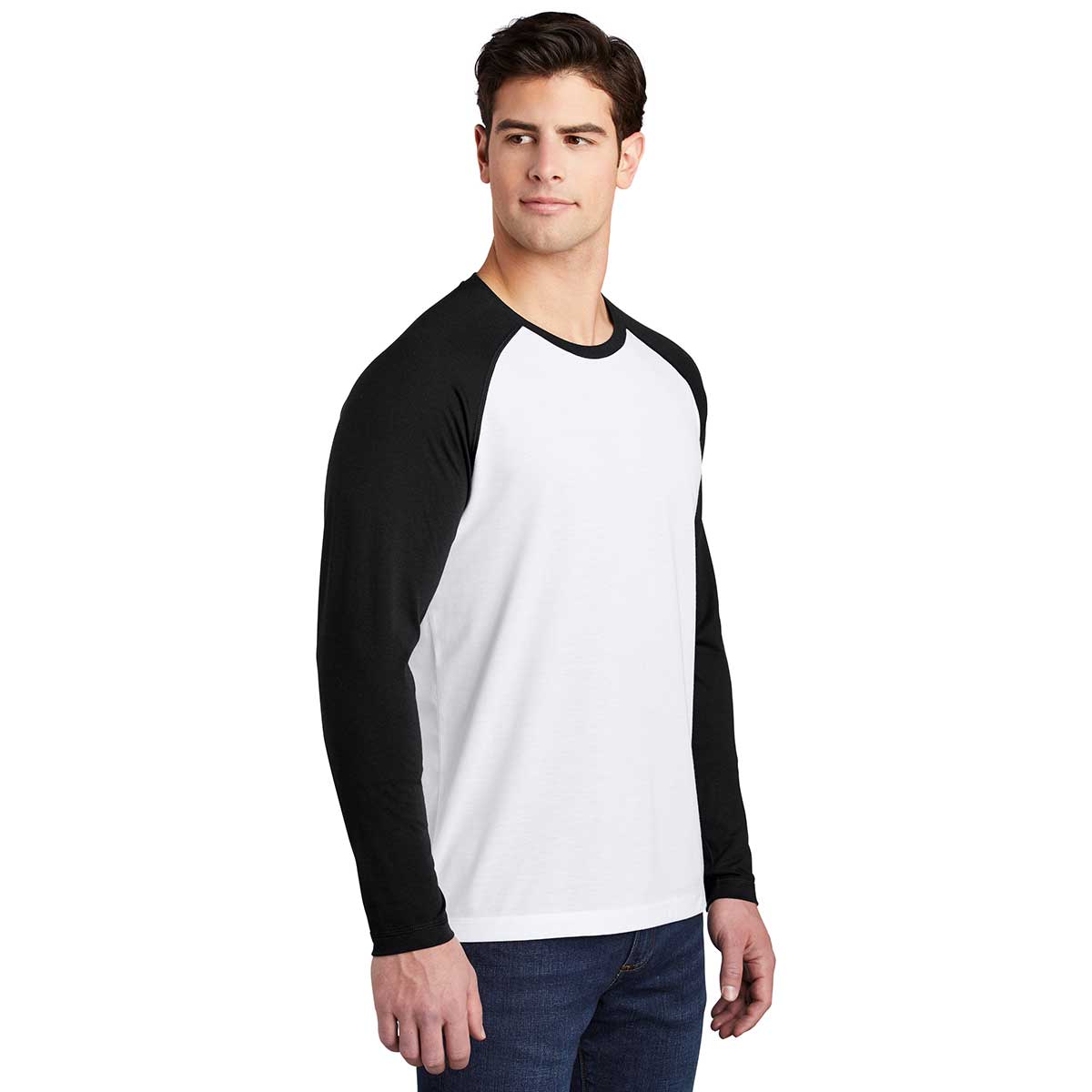 Sport-Tek Men's Black/White Triad Solid PosiCharge Long Sleeve Tri-Blend Wicking Raglan Tee - A Stylish Essential!