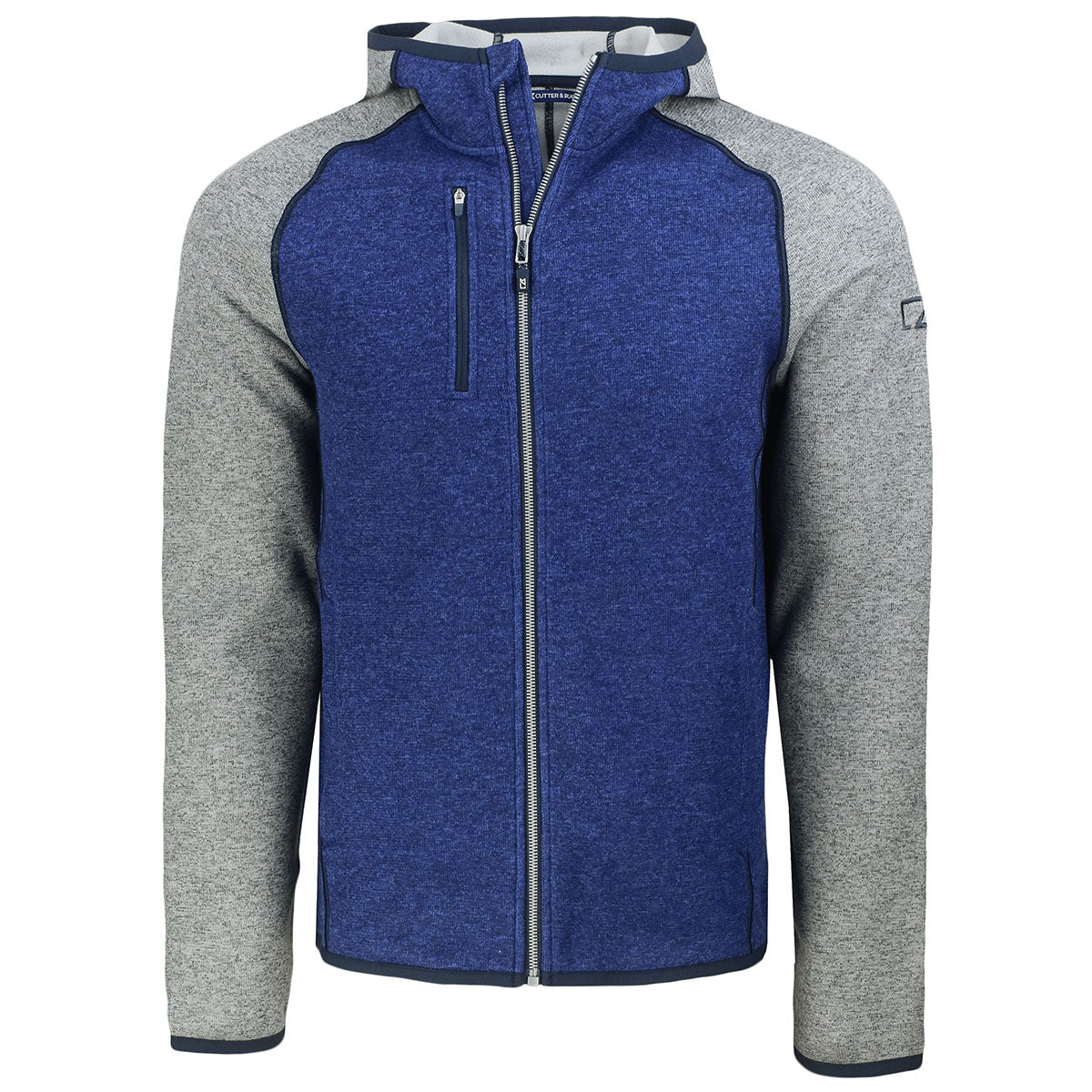 Cutter & Buck Men's Tour Blue Heather/Polished Heather Mainsail Full Zip Hooded Jacket - A Fashionable Warmth Essential