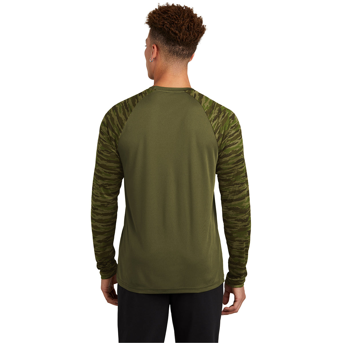 Sport-Tek Men's Olive Drab Green Drift Camo Long Sleeve Colorblock Tee - Stand Out in Style!