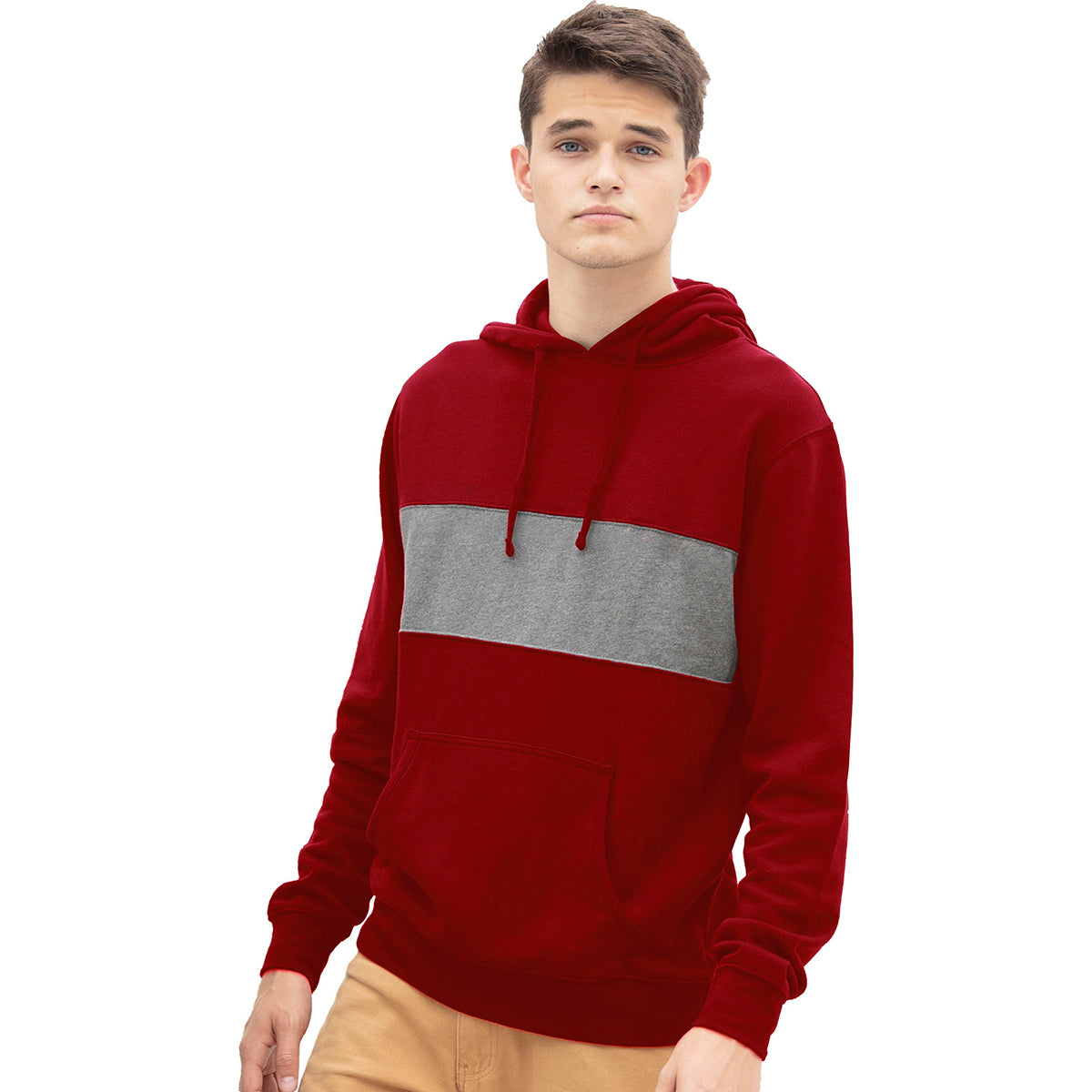 Vantage Men's Premium Red Cotton Blocked Fleece Sport Pullover Hoodie